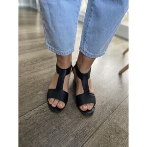 VANELI black leather open toe block wood heel Calyx T-Strap Sandals womens 8 N